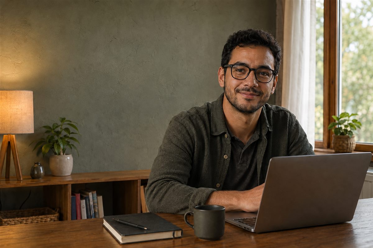 Professor sorrindo, trabalhando em frente ao notebook