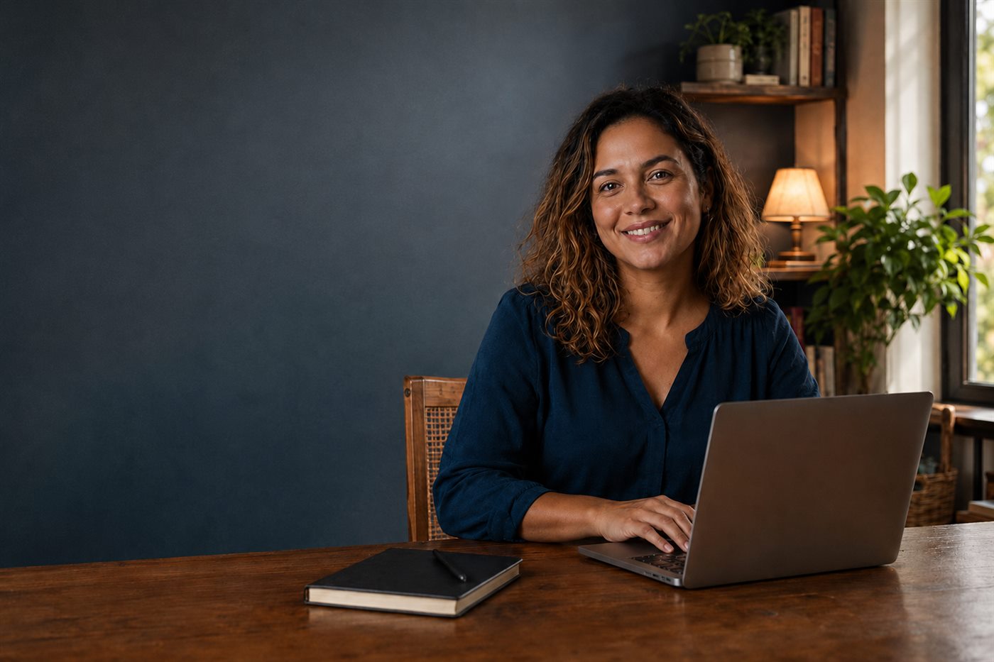 Professor sorridente, trabalhando em um notebook, sentado à mesa em um ambiente aconchegante